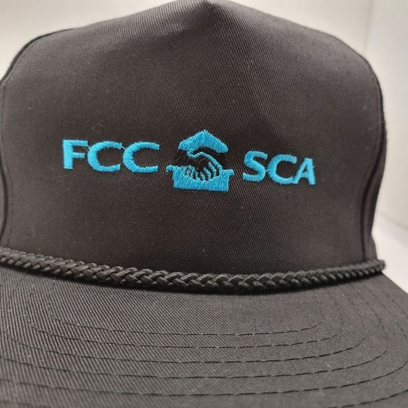 Black Stacked Hat FCC SCA Embroidered Logo Leather Strapback Adjustable Cap - Picture 3 of 12